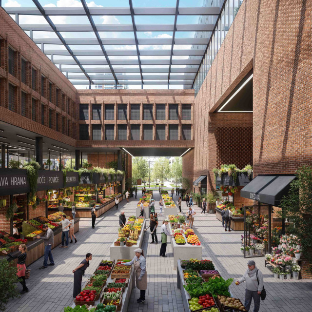 Interior of the green market with stalls with fruits, vegetables, and flower shop