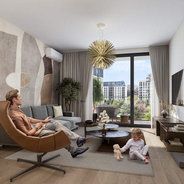 Residents of BW Maestra in a spacious living room with tall windows and access to a courtyard-facing terrace