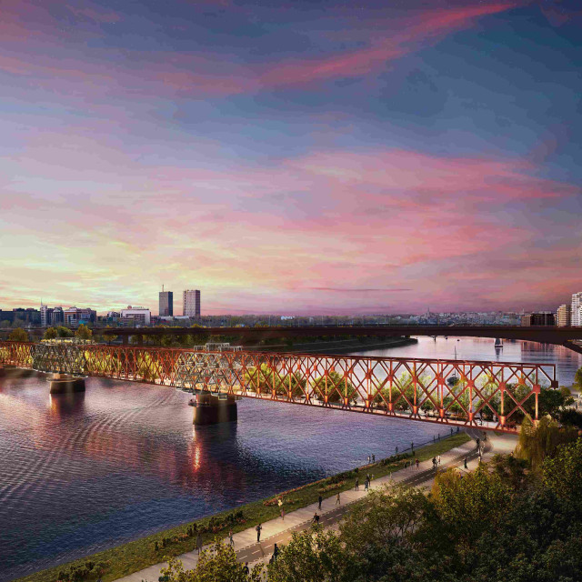 The pedestrian bridge on Sava Promenada leads to New Belgrade.