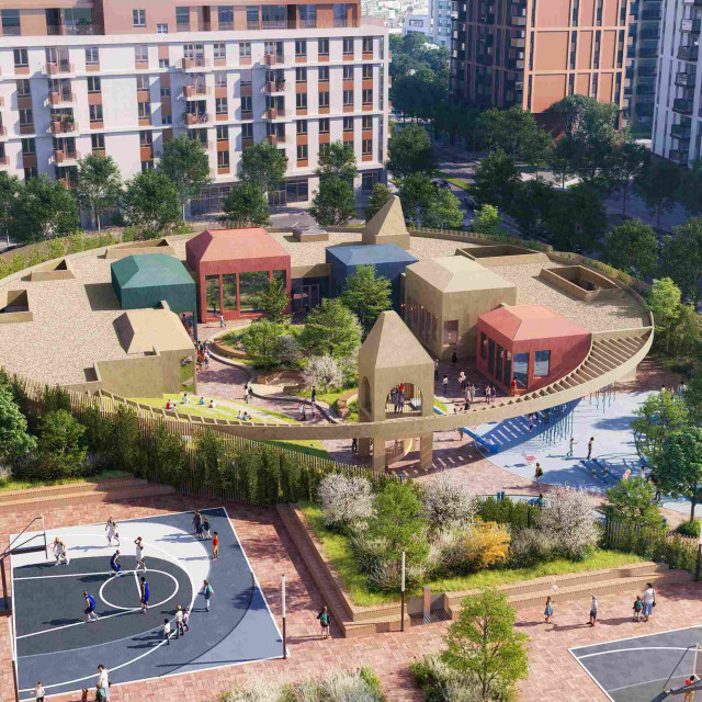 Public kindergarten with a playground and sports fields